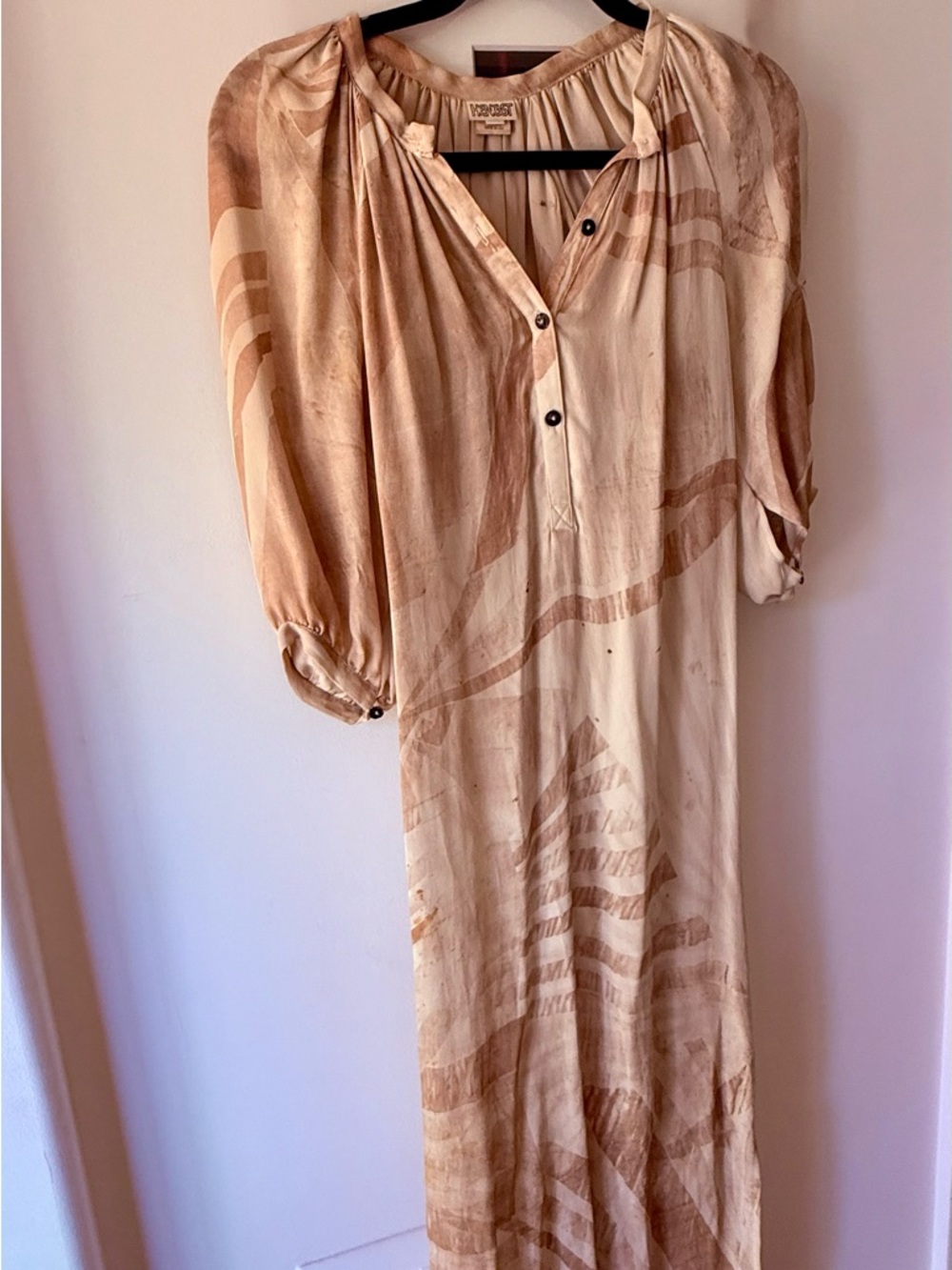 Vintage Beige Printed Maxi Dress with Button Front